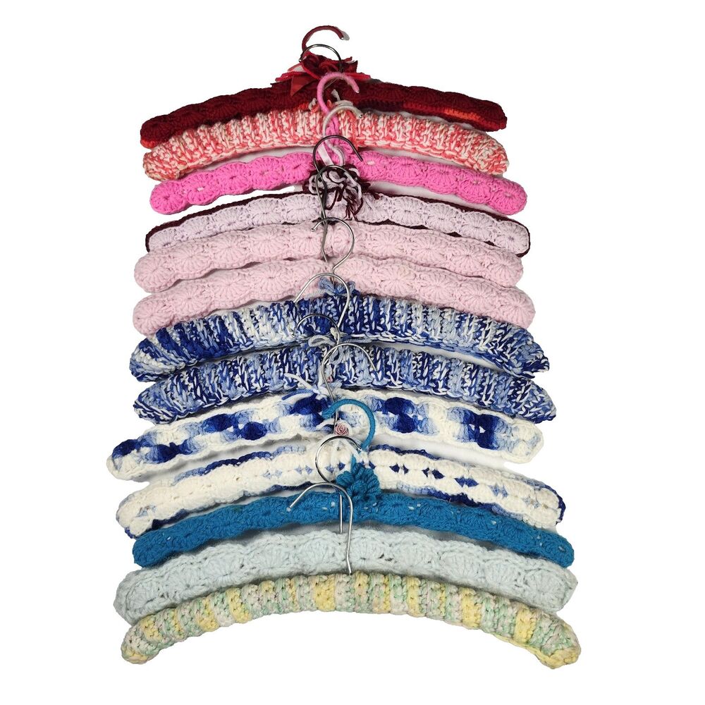 Lot Of 13 Vintage Handmade Crocheted / Knitted Wooden Hangers Multicolor Retro
